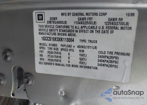 1999 Chevrolet S-10 Ls from USA, damaged, VIN 1GCCS19X3XK113064